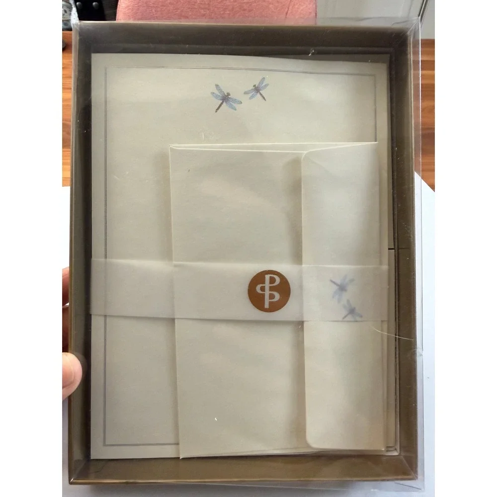 New Peter Pauper Press Stationery Set Cream Blue Dragonfly Motif Gold Foil